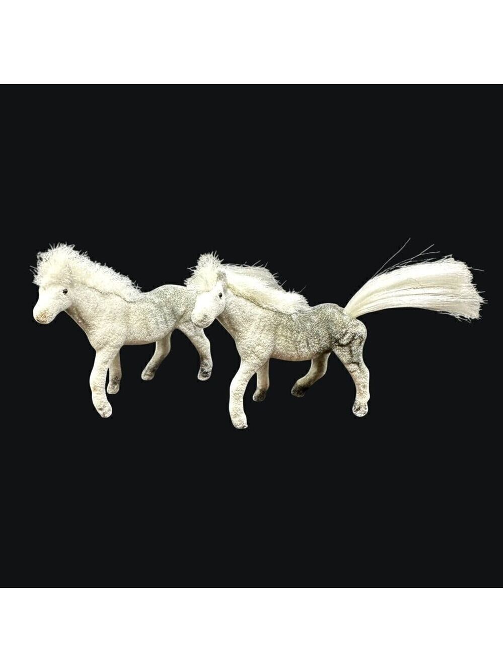 Vintage White Flocked Pony Fur Mane Tail 3in Miniature Horse Toy Fuzzy White